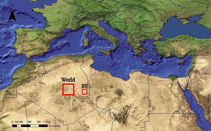 Map, the larger red square shows the area of hot desert needed to produce as much electricity as the world currently uses.