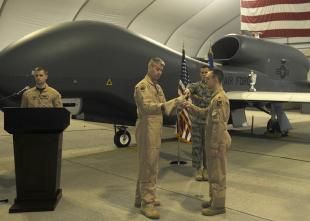 Staff Sgt. Dan Cowart exits a B1 B Lancer engine after a post flight inlet inspection