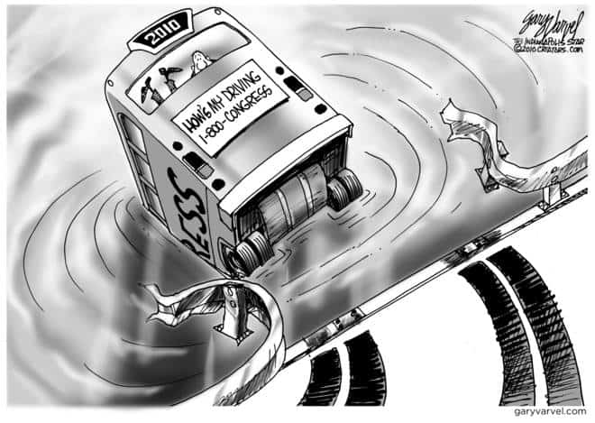Congress drives the US bus through the guardrail, into the river