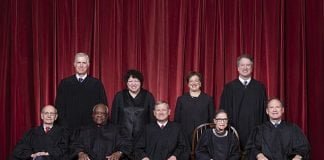 The Roberts Court, November 30, 2018. Seated, from left to right: Justices Stephen G. Breyer and Clarence Thomas, Chief Justice John G. Roberts, Jr., and Justices Ruth Bader Ginsburg and Samuel A. Alito. Standing, from left to right: Justices Neil M. Gorsuch, Sonia Sotomayor, Elena Kagan, and Brett M. Kavanaugh. Photograph by Fred Schilling, Supreme Court Curator's Office.