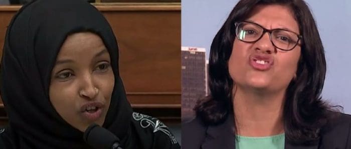 dangerous era for jews, with Reps. Tlaib [R] and Omar. Composite image from youtube screenshots.