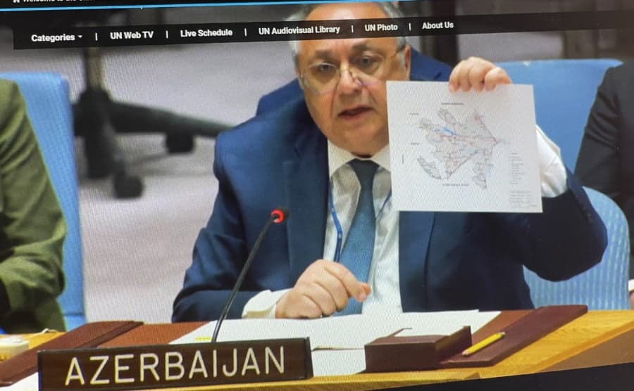 H.E. Mr. Yashar Aliyev, Permanent Representative of the Republic of Azerbaijan to the United Nations presents a map of the Karabakh Region, confirming Azerbaijan's ability to provide all necessities to the residents of the region, at the Security Council meeting 9397th 16 August 2023 - screenshot
