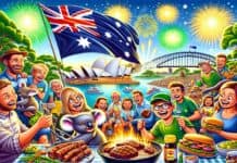 Australia Day 2024, A Celebratory Poem Australia Day 2024 scene bustling with joy and festivity, showcasing iconic Australians celebrating. NewsBlaze cartoon assisted by AI.