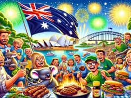 Australia Day 2024 scene bustling with joy and festivity, showcasing iconic Australians celebrating. NewsBlaze cartoon assisted by AI.
