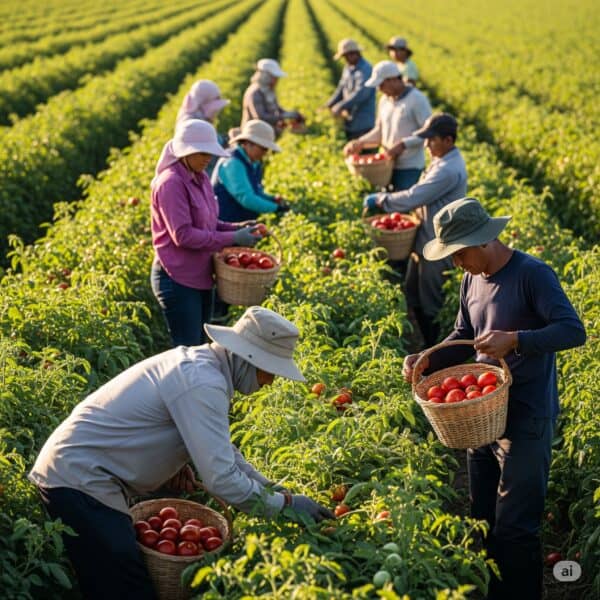 workers picking food produce by hand image generated by Google Gemini AI
