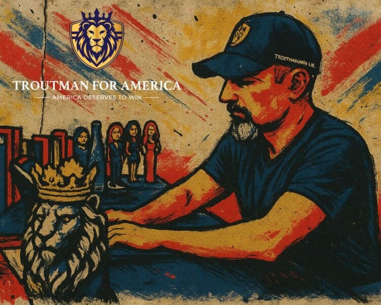 Eric J. Troutman at his desk with his lion crest logo in the background.