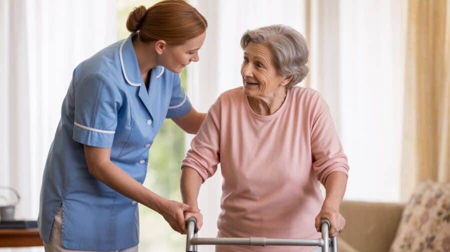 What Americans Must Understand About Rising Medicare Costs and Need for Long-Term Care Insurance in 2026 2 Caregiver supports an older woman with a walker in a long-term care setting. image: ideogram.ai