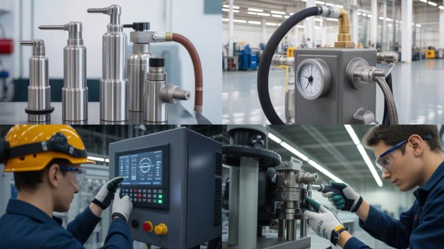 Collage of industrial equipment and engineers representing Dacke Industri companies in motion control, hydraulics, measurement and precision mechanics. Dacke Industri strategic focus sharpened. Illustration by ideogram.ai