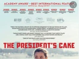 The President’s Cake – Killjoy Party Boy Young girl holding cake by the water with a serious expression, film poster for "The President's Cake".