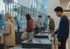 Autonomous World Raises Question of Human Redundancy Shoppers use self-checkout machines in a modern retail store as autonomous world replaces human service roles