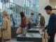Autonomous World Raises Question of Human Redundancy Shoppers use self-checkout machines in a modern retail store as autonomous world replaces human service roles