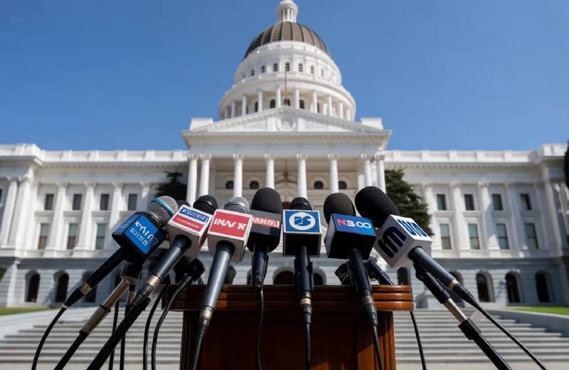 First Amendment freedoms, Illustration of microphones at a press podium outside a government building.