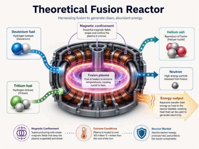 Theoretical fusion reactor diagram showing deuterium and tritium fuel inputs, plasma confinement, helium ash, neutron release and energy output, and the tritium bottleneck