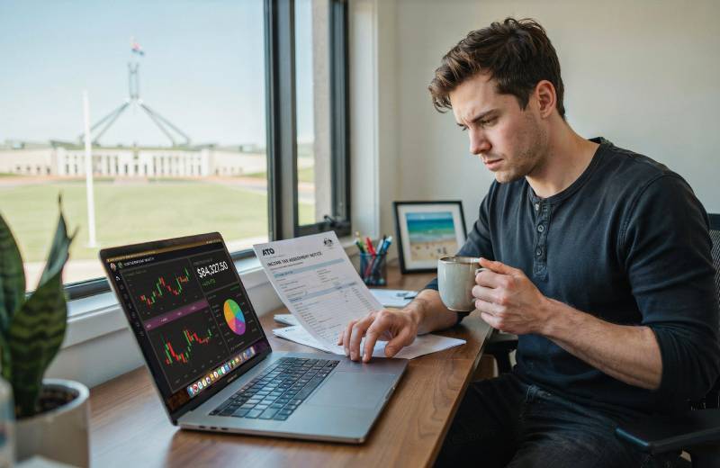 Young Australian investor reviews CGT tax changes and investment portfolio with fantasy government background