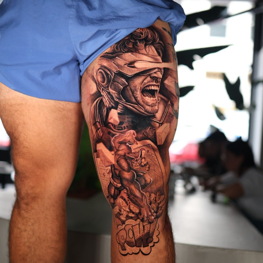 X-Men Cyclops tattoo leg piece by tattoo artist Natacha Nacha Rios in NYC at Noble Art Studio