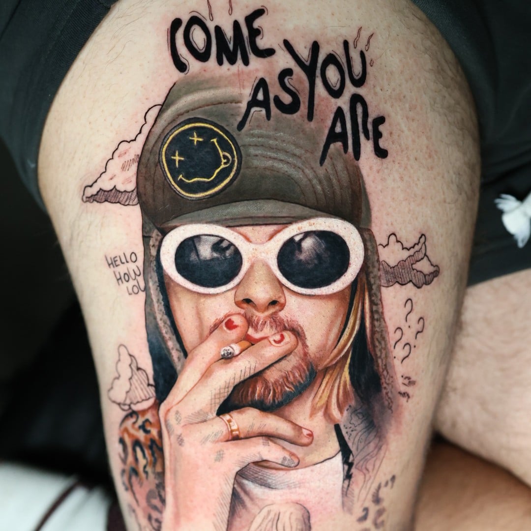 Color realist tattoo of Kurt Cobain by artist Natacha Rios