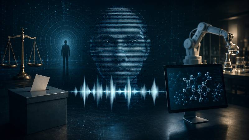 Editorial Ai risks illustration showing a synthetic face, ballot box, voice waveform, virtual molecules and an automated laboratory.