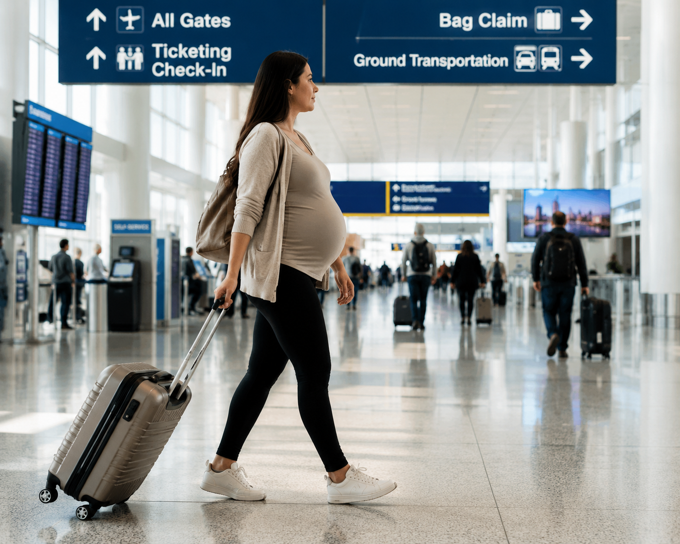 An unidentified Pregnant Woman Carry Luggage inside U.S. Airport: AI Image by C.Walker