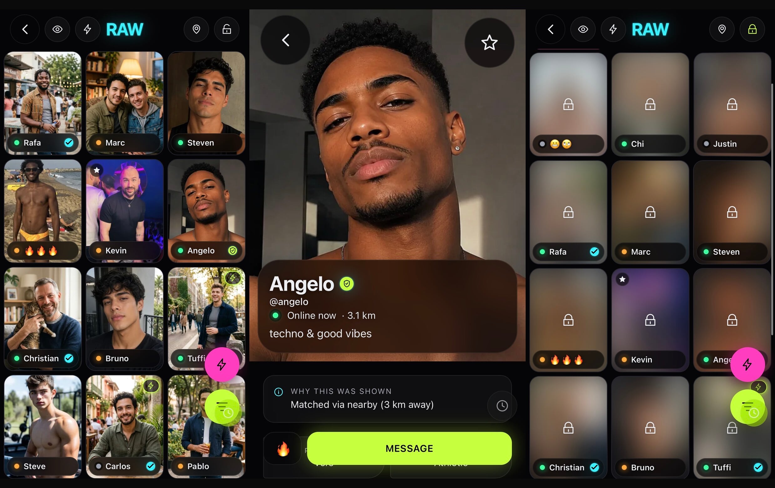 RAWR's live grid, a profile, and the same grid seen with photos blurred in incognito mode.