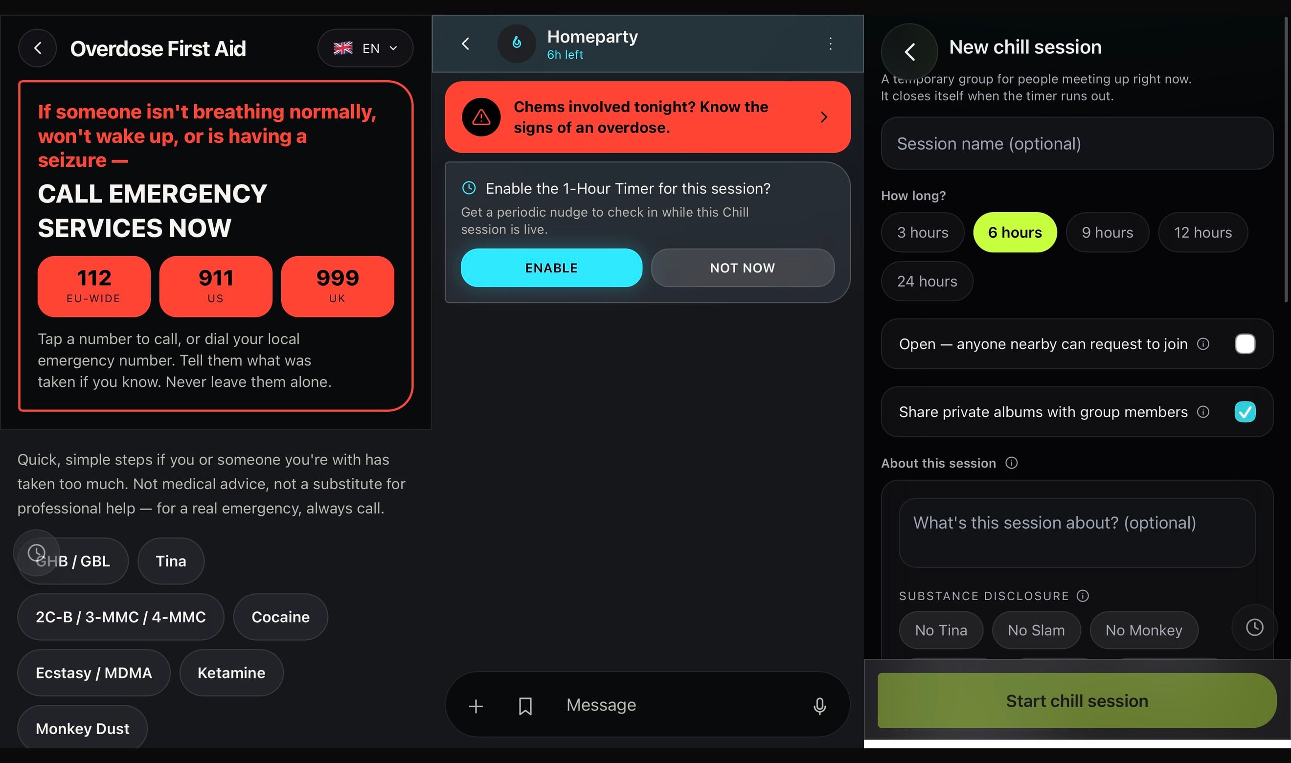 The overdose first-aid screen, the chems warning that heads a live meetup, and substance disclosure when one is created.