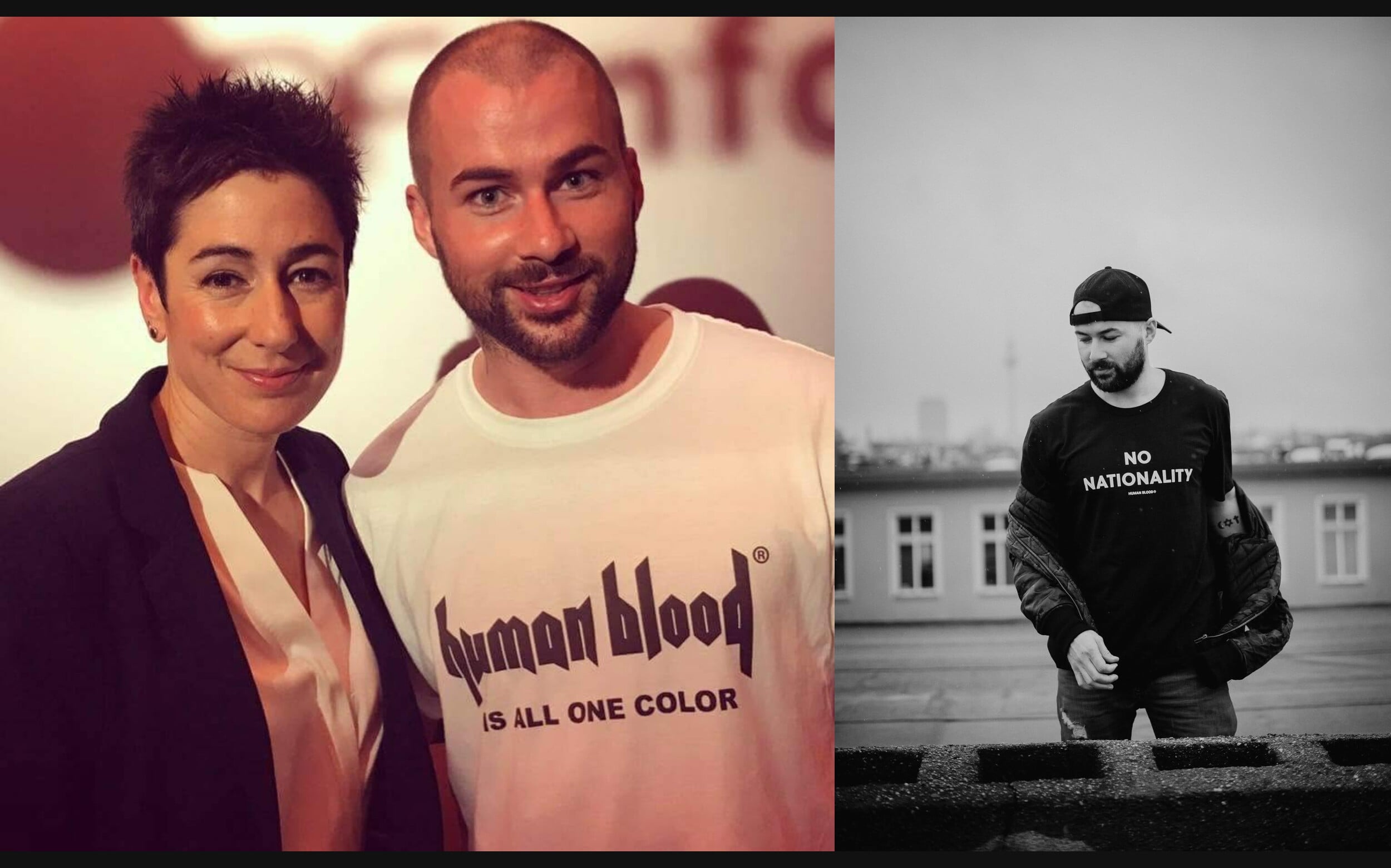 Hartmann with the broadcaster Dunja Hayali, and a HUMAN BLOOD shirt from the run of the label.