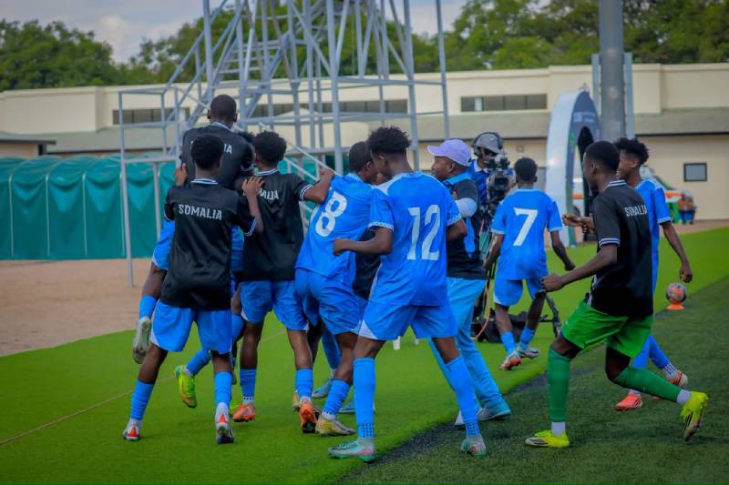 Somalia celebrate 2 0 win over kenya AFCON U-17 after final whistle, Photo Salah Yahya.