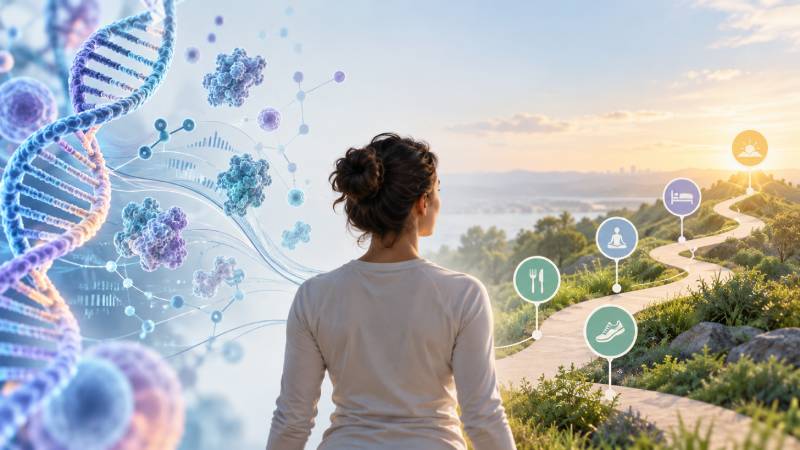behavior change Illustration showing a woman between a DNA helix and a path marked with exercise, nutrition, mindfulness and sleep symbols.